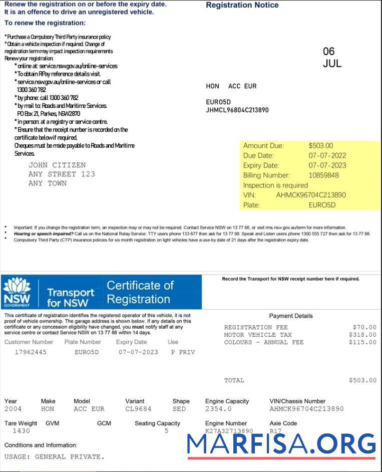 Blank Australia Transport for NSW Registration certificate template